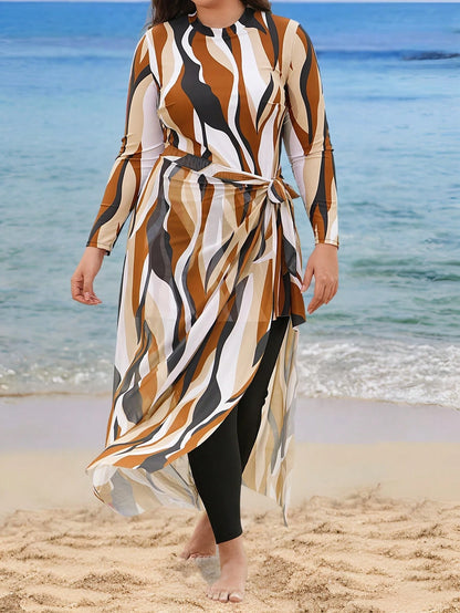 Swim Mulvari Plus Size Women 3 Pieces Set,Geometric Retro Print Top,Long Mesh Skirt,Solid Color Pants,Modest Swimsuit,Summer Beach Holiday Vacation