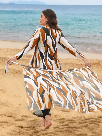 Swim Mulvari Plus Size Women 3 Pieces Set,Geometric Retro Print Top,Long Mesh Skirt,Solid Color Pants,Modest Swimsuit,Summer Beach Holiday Vacation