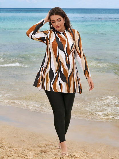 Swim Mulvari Plus Size Women 3 Pieces Set,Geometric Retro Print Top,Long Mesh Skirt,Solid Color Pants,Modest Swimsuit,Summer Beach Holiday Vacation