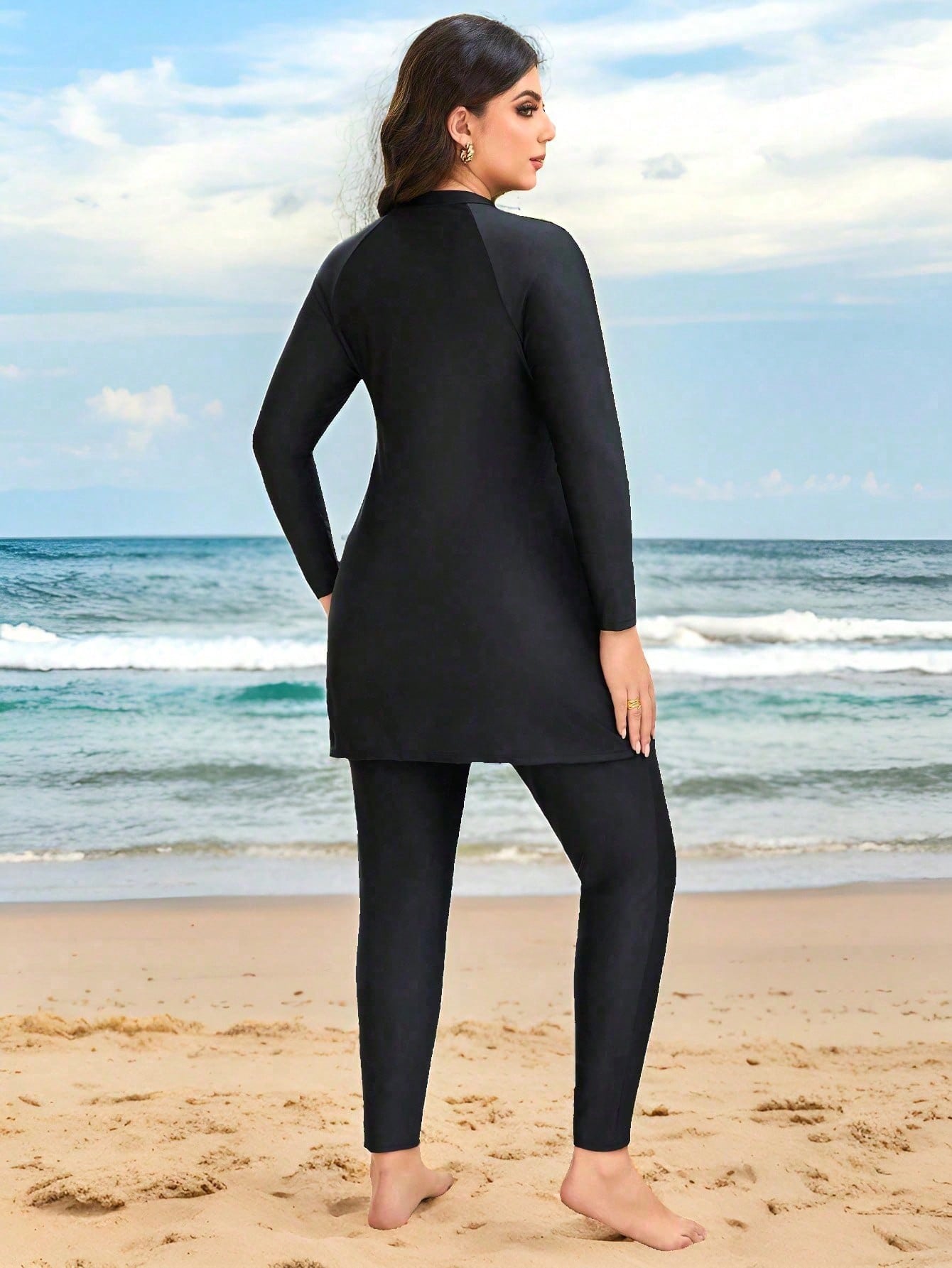Swim Mulvari Plus Size Women's Solid Color Long Sleeve Mid-Length Modest Burkini Top With Embroidery Decor