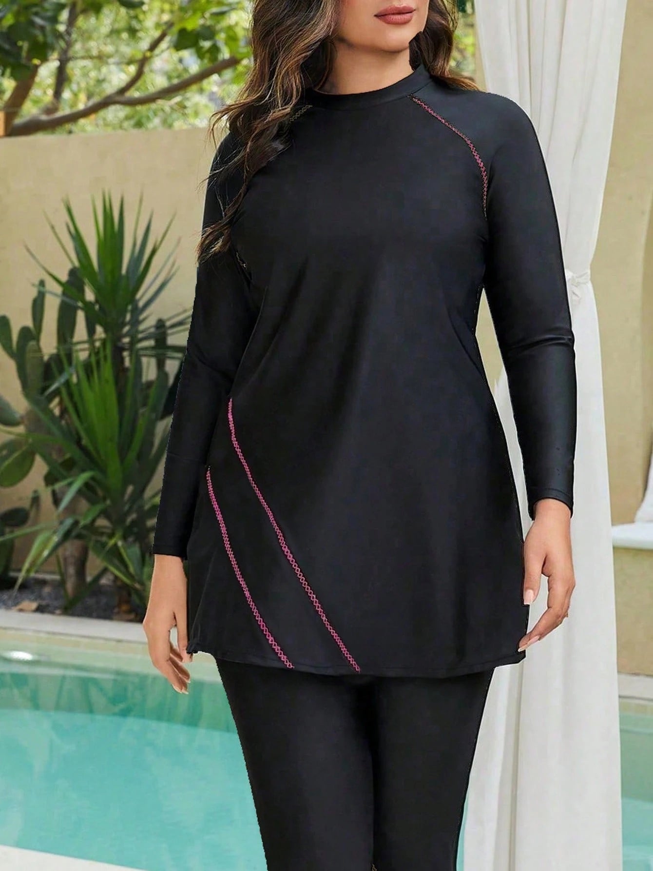 Swim Mulvari Plus Size Women's Solid Color Long Sleeve Mid-Length Modest Burkini Top With Embroidery Decor