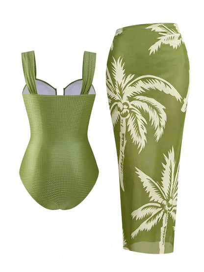 Swim Oasis 2-Piece Plus Size Women's Olive Green Textured Fitted Camisole Top And Palm Leaf Print Chiffon Skirt Set, Summer Beach Vacation Holiday Party Dress