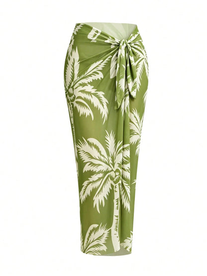 Swim Oasis 2-Piece Plus Size Women's Olive Green Textured Fitted Camisole Top And Palm Leaf Print Chiffon Skirt Set, Summer Beach Vacation Holiday Party Dress