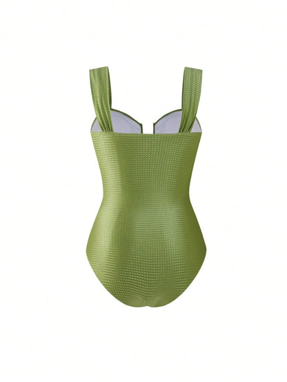 Swim Oasis 2-Piece Plus Size Women's Olive Green Textured Fitted Camisole Top And Palm Leaf Print Chiffon Skirt Set, Summer Beach Vacation Holiday Party Dress