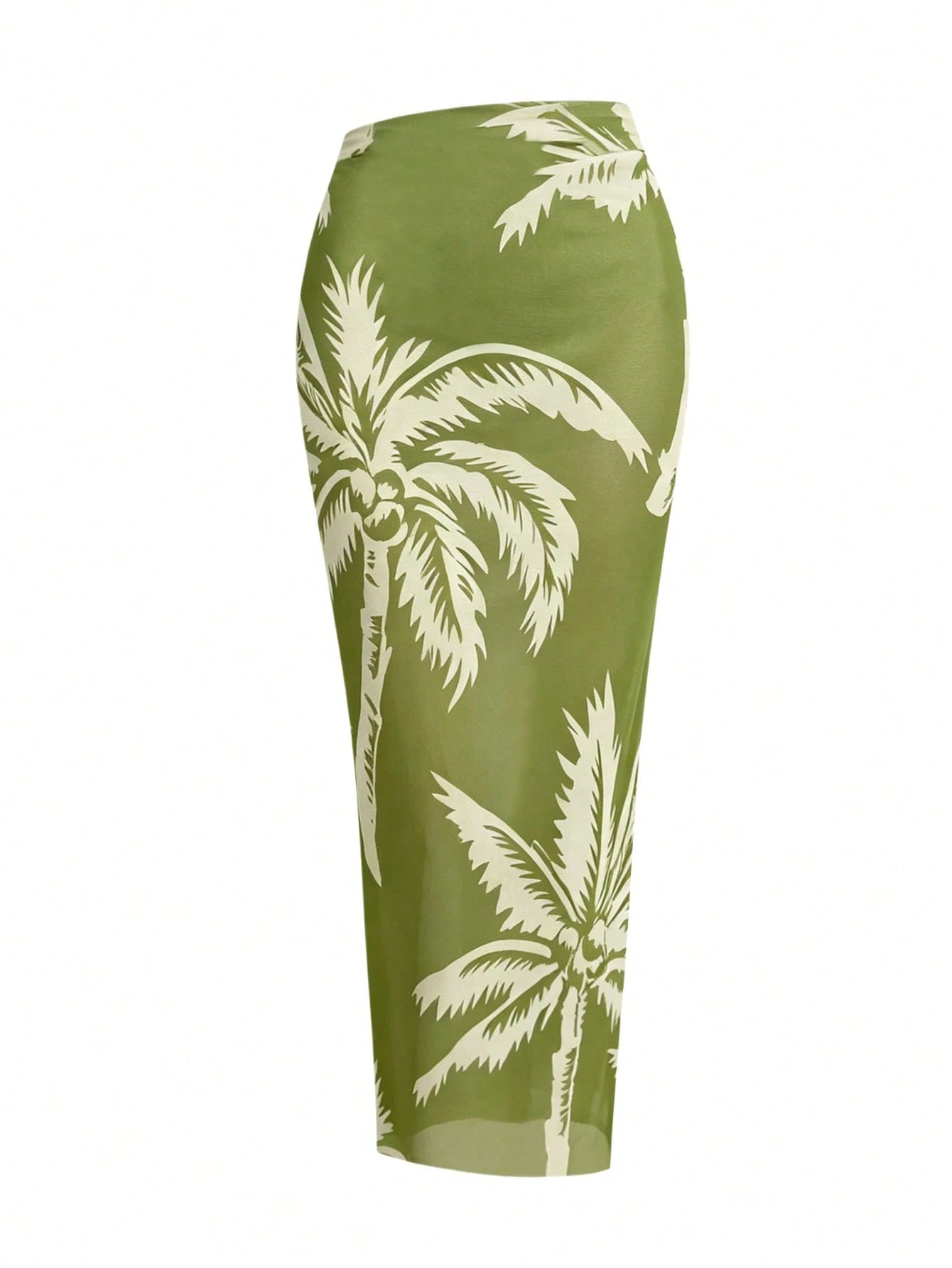 Swim Oasis 2-Piece Plus Size Women's Olive Green Textured Fitted Camisole Top And Palm Leaf Print Chiffon Skirt Set, Summer Beach Vacation Holiday Party Dress