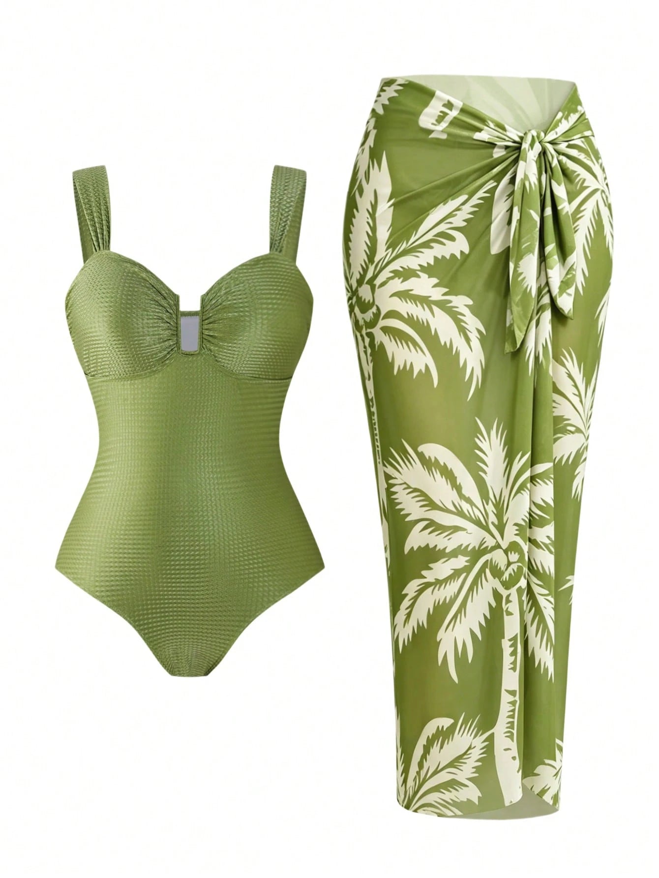Swim Oasis 2-Piece Plus Size Women's Olive Green Textured Fitted Camisole Top And Palm Leaf Print Chiffon Skirt Set, Summer Beach Vacation Holiday Party Dress