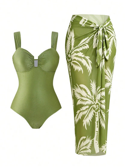 Swim Oasis 2-Piece Plus Size Women's Olive Green Textured Fitted Camisole Top And Palm Leaf Print Chiffon Skirt Set, Summer Beach Vacation Holiday Party Dress