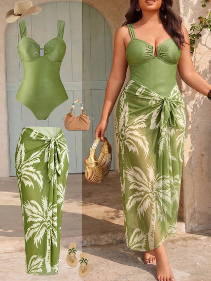Swim Oasis 2-Piece Plus Size Women's Olive Green Textured Fitted Camisole Top And Palm Leaf Print Chiffon Skirt Set, Summer Beach Vacation Holiday Party Dress