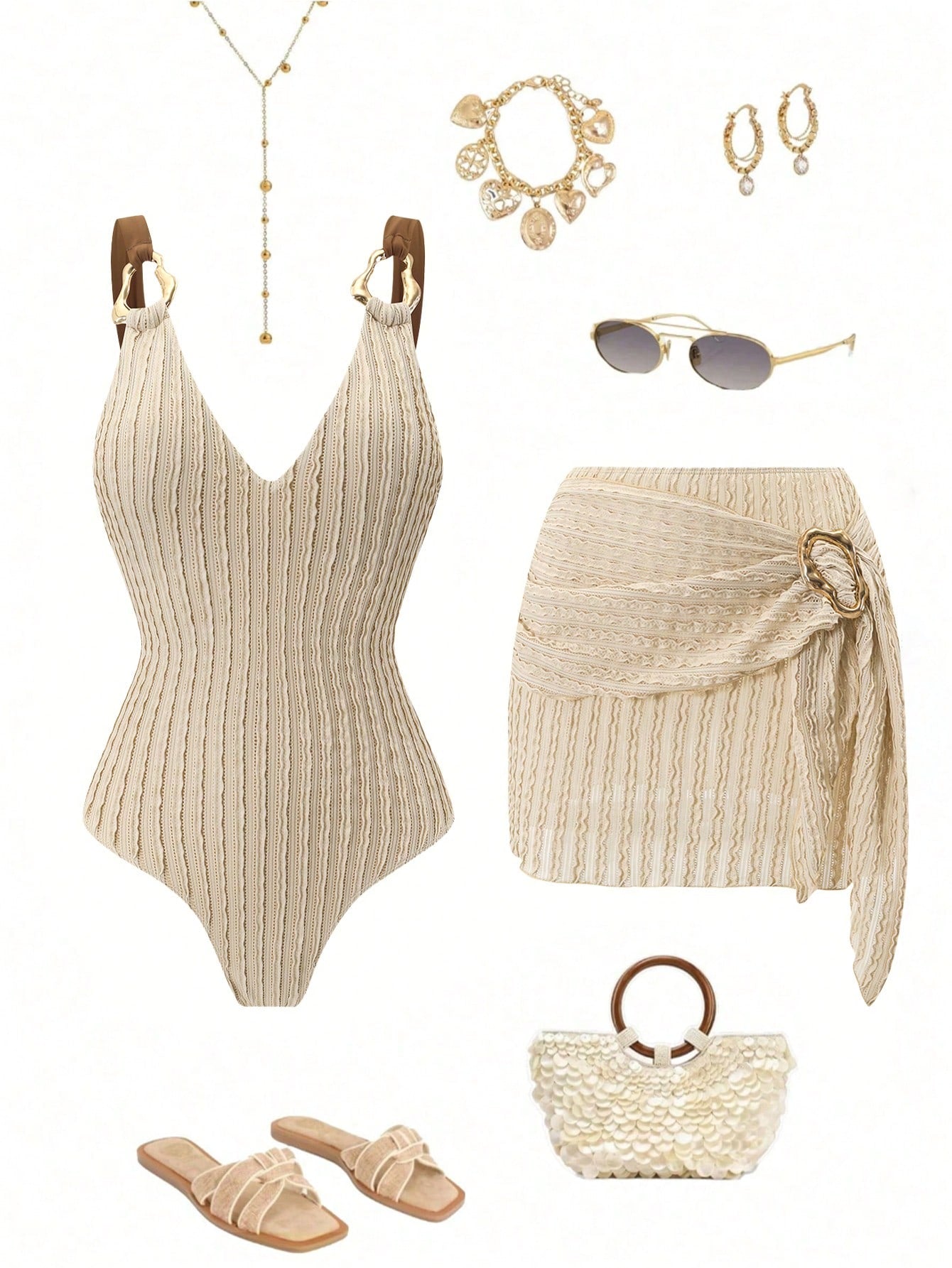 Swim Oasis 2026 Spring/Summer New Women's Off-White Textured Camisole Dress Swimsuit Set, Metal Ring Shoulder Straps, Waist-Defining Tie-Up Skirt, Elegant Casual Vacation Beach Swimwear Set