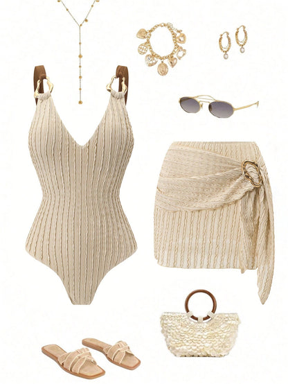 Swim Oasis 2026 Spring/Summer New Women's Off-White Textured Camisole Dress Swimsuit Set, Metal Ring Shoulder Straps, Waist-Defining Tie-Up Skirt, Elegant Casual Vacation Beach Swimwear Set