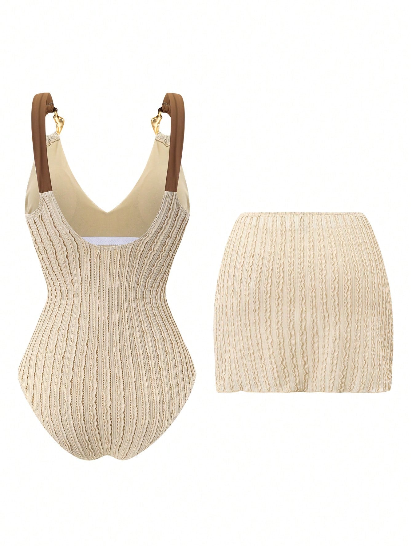 Swim Oasis 2026 Spring/Summer New Women's Off-White Textured Camisole Dress Swimsuit Set, Metal Ring Shoulder Straps, Waist-Defining Tie-Up Skirt, Elegant Casual Vacation Beach Swimwear Set