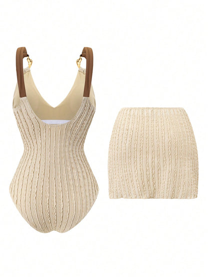 Swim Oasis 2026 Spring/Summer New Women's Off-White Textured Camisole Dress Swimsuit Set, Metal Ring Shoulder Straps, Waist-Defining Tie-Up Skirt, Elegant Casual Vacation Beach Swimwear Set