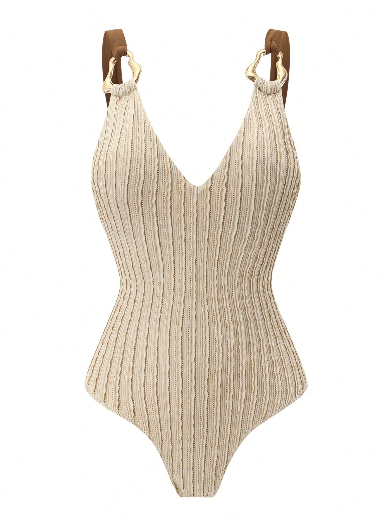 Swim Oasis 2026 Spring/Summer New Women's Off-White Textured Camisole Dress Swimsuit Set, Metal Ring Shoulder Straps, Waist-Defining Tie-Up Skirt, Elegant Casual Vacation Beach Swimwear Set
