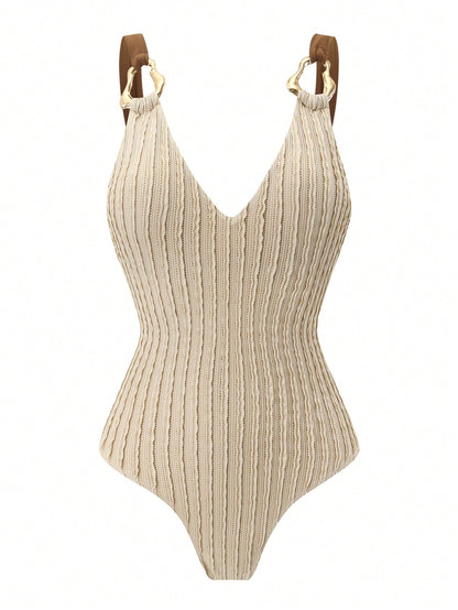 Swim Oasis 2026 Spring/Summer New Women's Off-White Textured Camisole Dress Swimsuit Set, Metal Ring Shoulder Straps, Waist-Defining Tie-Up Skirt, Elegant Casual Vacation Beach Swimwear Set