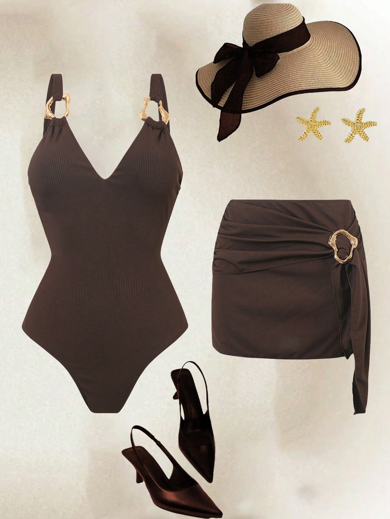 Swim Oasis 2026 Spring/Summer New Women's Off-White Textured Camisole Dress Swimsuit Set, Metal Ring Shoulder Straps, Waist-Defining Tie-Up Skirt, Elegant Casual Vacation Beach Swimwear Set