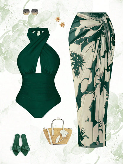 Swim Oasis Plus Size Women 2pcs Set Halter Backless One Piece Swimsuit With Random Print Long Beach Cover Up Skirt,Vacation,Holiday,Summer,Elegant,Sage Green