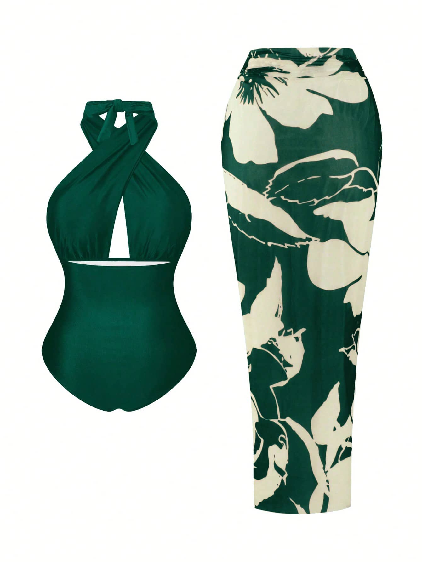 Swim Oasis Plus Size Women 2pcs Set Halter Backless One Piece Swimsuit With Random Print Long Beach Cover Up Skirt,Vacation,Holiday,Summer,Elegant,Sage Green