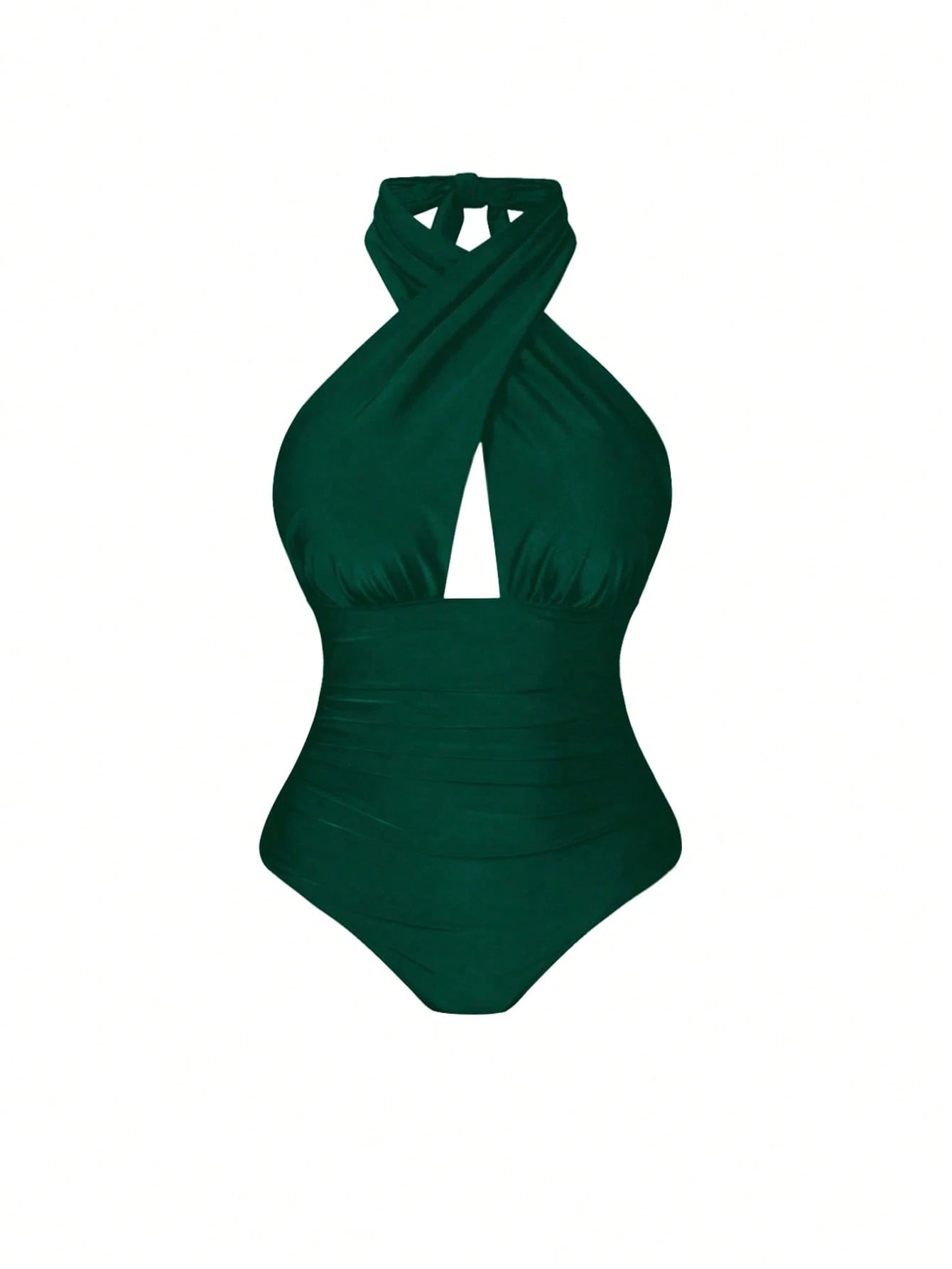 Swim Oasis Plus Size Women 2pcs Set Halter Backless One Piece Swimsuit With Random Print Long Beach Cover Up Skirt,Vacation,Holiday,Summer,Elegant,Sage Green