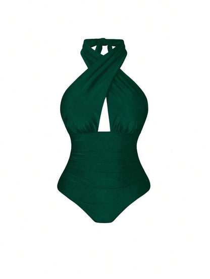 Swim Oasis Plus Size Women 2pcs Set Halter Backless One Piece Swimsuit With Random Print Long Beach Cover Up Skirt,Vacation,Holiday,Summer,Elegant,Sage Green