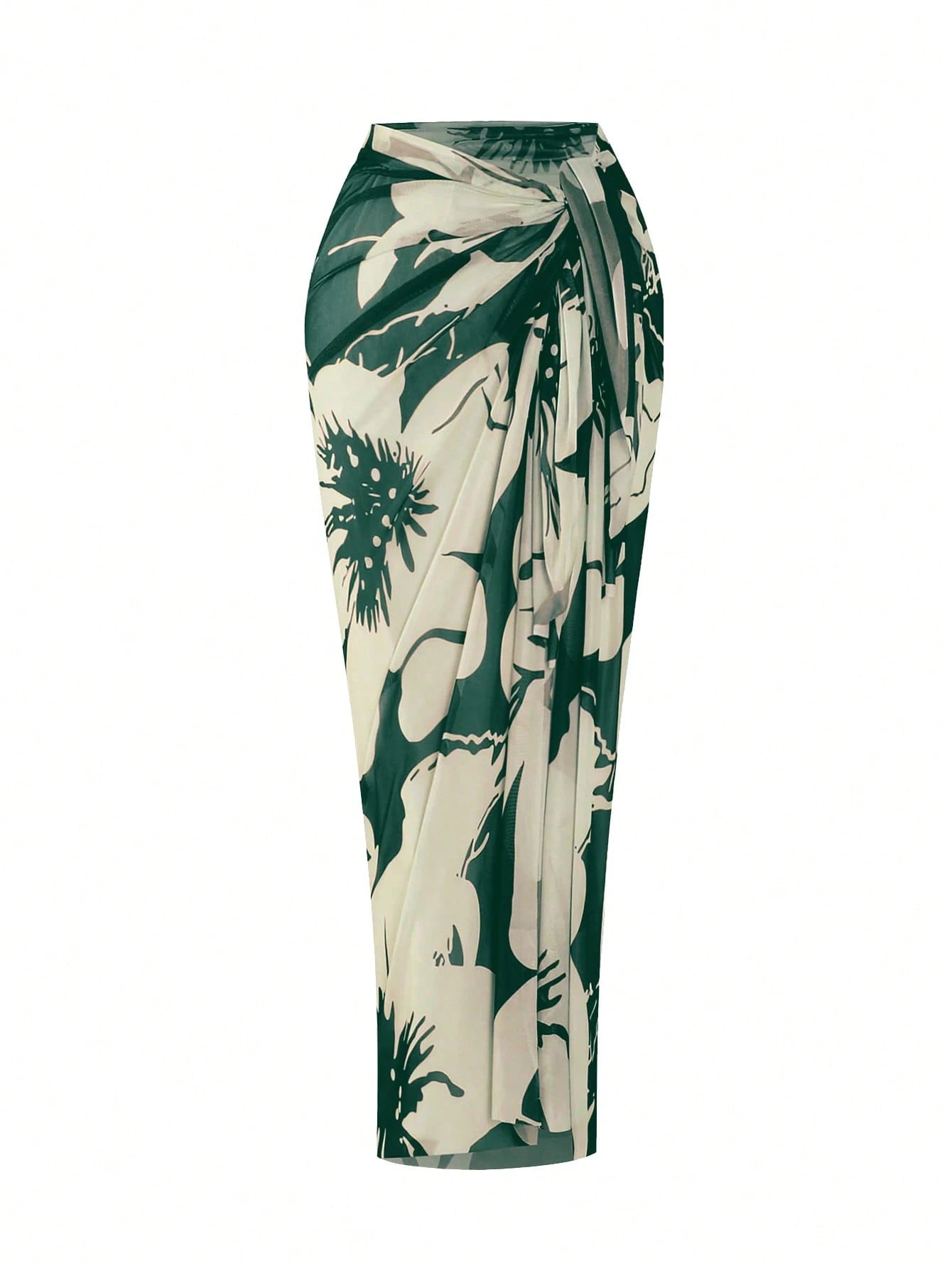Swim Oasis Plus Size Women 2pcs Set Halter Backless One Piece Swimsuit With Random Print Long Beach Cover Up Skirt,Vacation,Holiday,Summer,Elegant,Sage Green