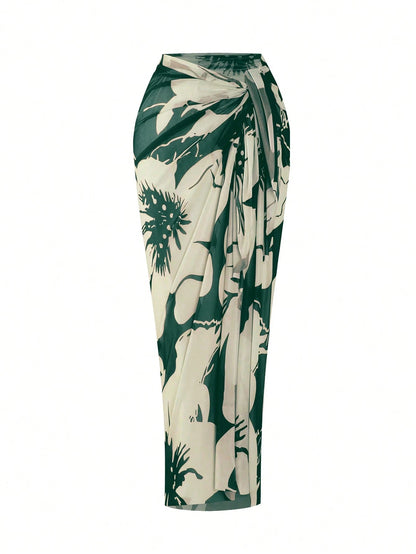Swim Oasis Plus Size Women 2pcs Set Halter Backless One Piece Swimsuit With Random Print Long Beach Cover Up Skirt,Vacation,Holiday,Summer,Elegant,Sage Green