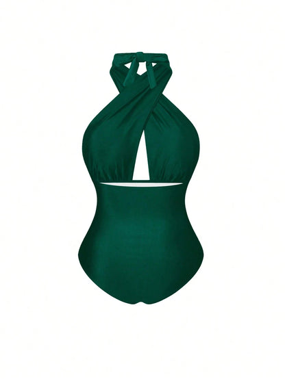 Swim Oasis Plus Size Women 2pcs Set Halter Backless One Piece Swimsuit With Random Print Long Beach Cover Up Skirt,Vacation,Holiday,Summer,Elegant,Sage Green
