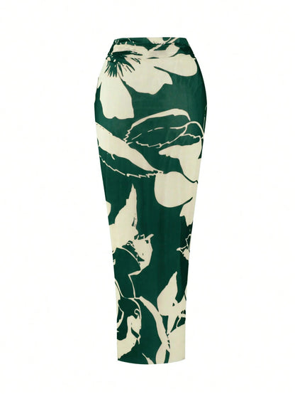 Swim Oasis Plus Size Women 2pcs Set Halter Backless One Piece Swimsuit With Random Print Long Beach Cover Up Skirt,Vacation,Holiday,Summer,Elegant,Sage Green