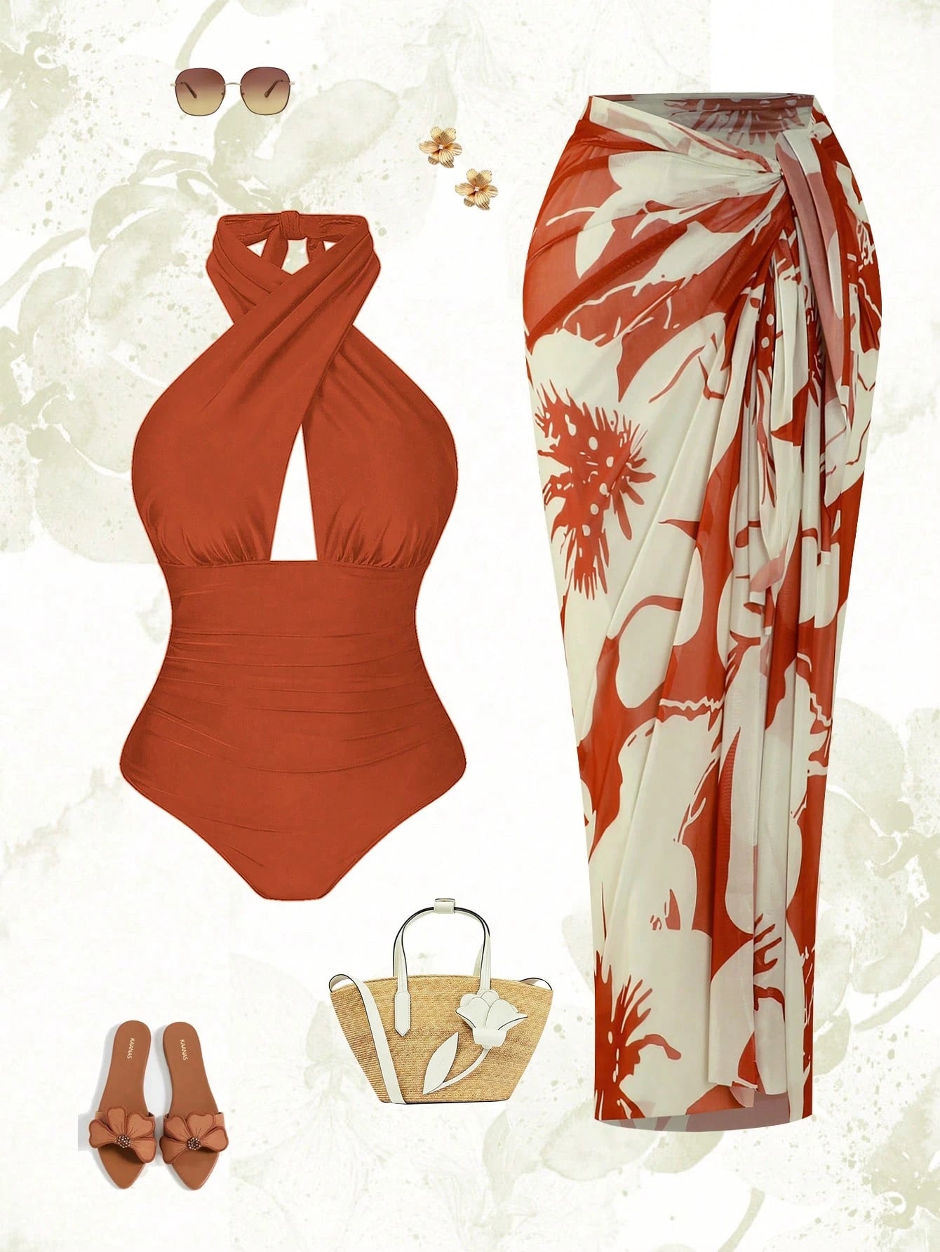 Swim Oasis Plus Size Women 2pcs Set Halter Backless One Piece Swimsuit With Random Print Long Beach Cover Up Skirt,Vacation,Holiday,Summer,Elegant,Sage Green