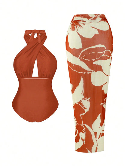 Swim Oasis Plus Size Women 2pcs Set Halter Backless One Piece Swimsuit With Random Print Long Beach Cover Up Skirt,Vacation,Holiday,Summer,Elegant,Sage Green