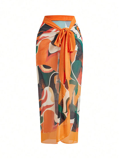 Swim Oasis Plus Size Women's Full Printed Wrap Cover Up Skirt Bottom, Suitable For Summer Beach And Swimwear Matching