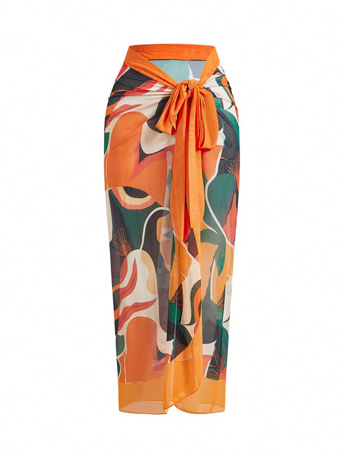 Swim Oasis Plus Size Women's Full Printed Wrap Cover Up Skirt Bottom, Suitable For Summer Beach And Swimwear Matching