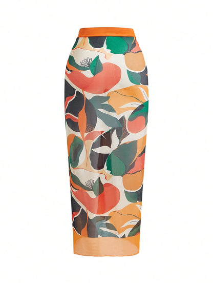 Swim Oasis Plus Size Women's Full Printed Wrap Cover Up Skirt Bottom, Suitable For Summer Beach And Swimwear Matching