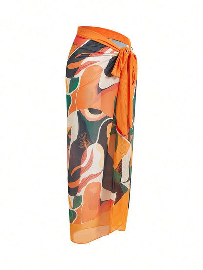 Swim Oasis Plus Size Women's Full Printed Wrap Cover Up Skirt Bottom, Suitable For Summer Beach And Swimwear Matching