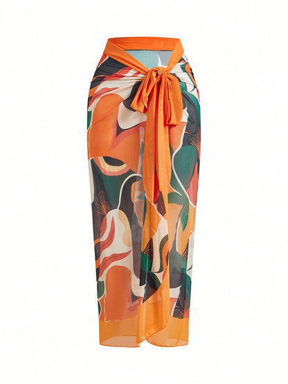 Swim Oasis Plus Size Women's Full Printed Wrap Cover Up Skirt Bottom, Suitable For Summer Beach And Swimwear Matching