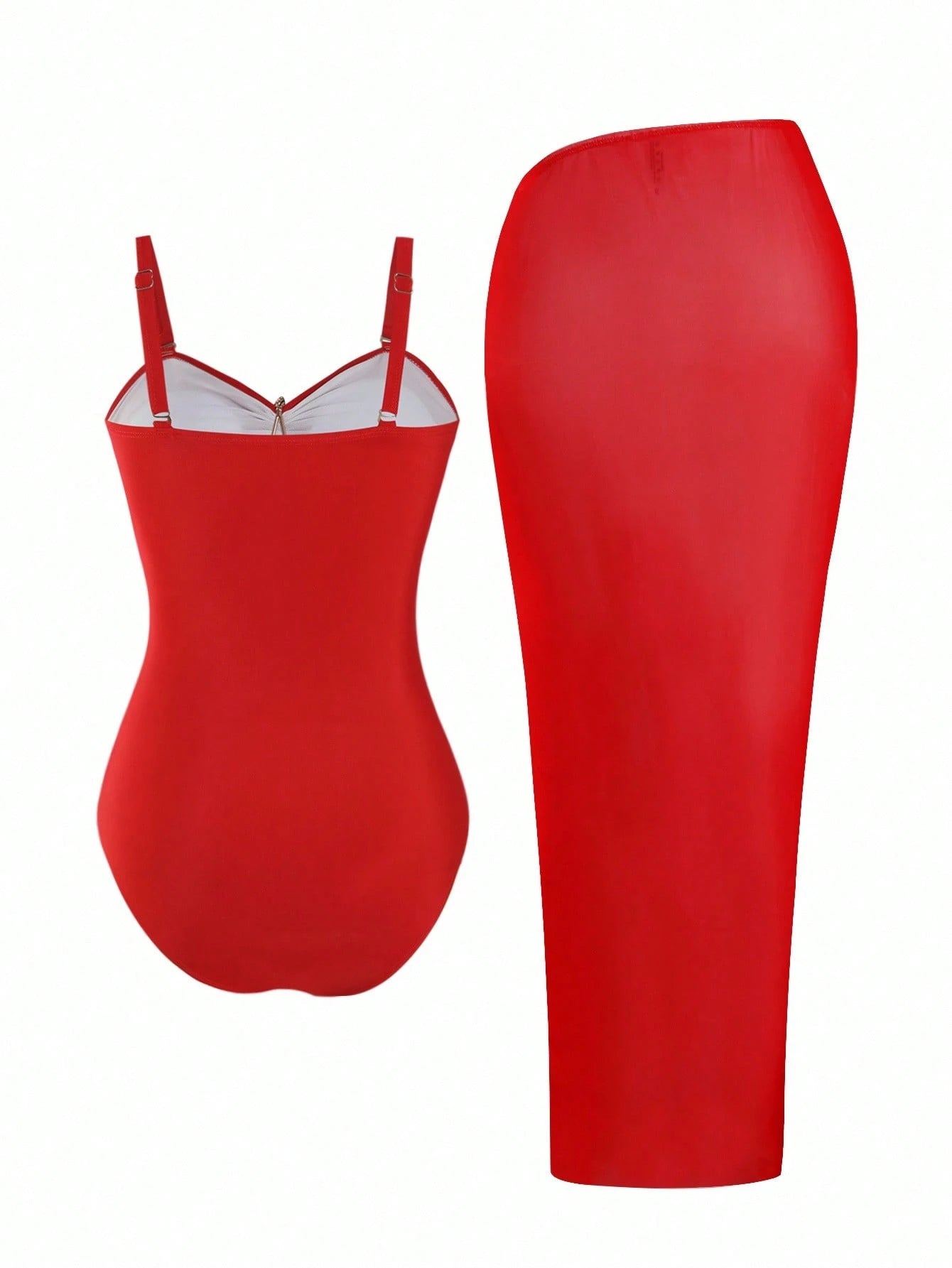 Swim Oasis Plus Size Women's Premium Oasis 2-Piece Red V-Neck Ruched Fitted Swimsuit With Matching Red High Slit Maxi Skirt, Summer Beach Vacation