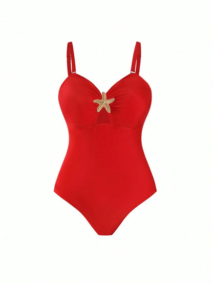 Swim Oasis Plus Size Women's Premium Oasis 2-Piece Red V-Neck Ruched Fitted Swimsuit With Matching Red High Slit Maxi Skirt, Summer Beach Vacation