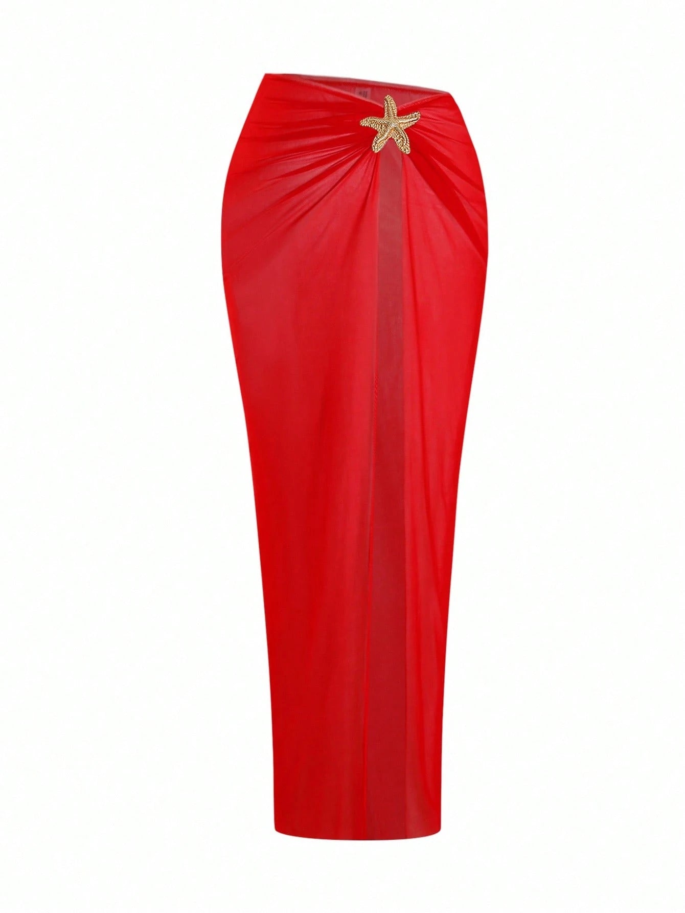 Swim Oasis Plus Size Women's Premium Oasis 2-Piece Red V-Neck Ruched Fitted Swimsuit With Matching Red High Slit Maxi Skirt, Summer Beach Vacation
