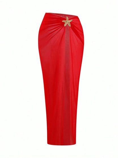 Swim Oasis Plus Size Women's Premium Oasis 2-Piece Red V-Neck Ruched Fitted Swimsuit With Matching Red High Slit Maxi Skirt, Summer Beach Vacation
