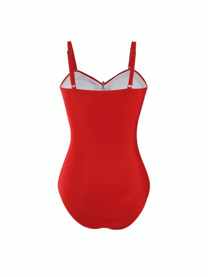 Swim Oasis Plus Size Women's Premium Oasis 2-Piece Red V-Neck Ruched Fitted Swimsuit With Matching Red High Slit Maxi Skirt, Summer Beach Vacation