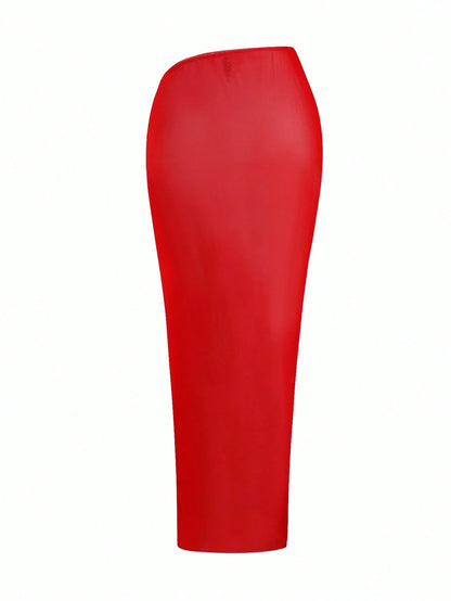 Swim Oasis Plus Size Women's Premium Oasis 2-Piece Red V-Neck Ruched Fitted Swimsuit With Matching Red High Slit Maxi Skirt, Summer Beach Vacation