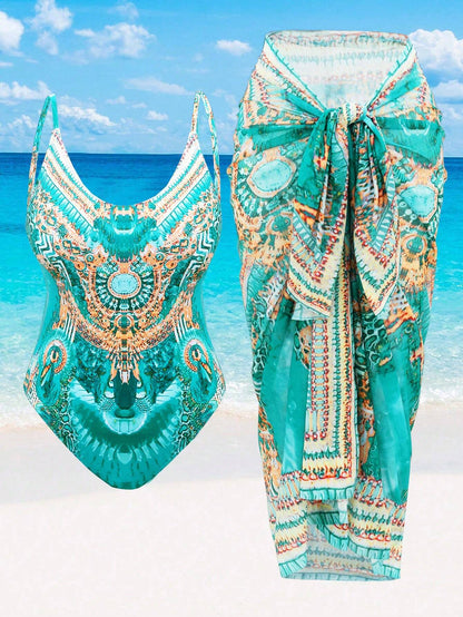 Swim Oasis Summer Beach Plus Size Women's Full Print One-Piece Swimsuit With 2pcs Cover-Up Set