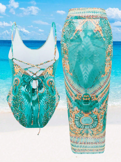 Swim Oasis Summer Beach Plus Size Women's Full Print One-Piece Swimsuit With 2pcs Cover-Up Set