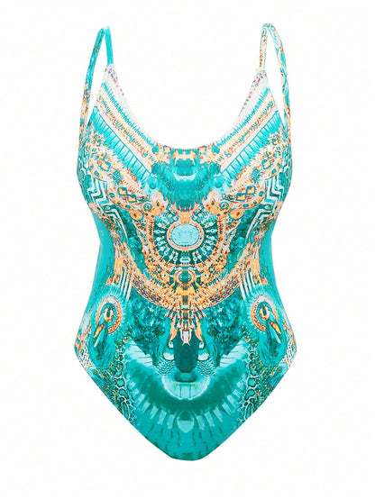 Swim Oasis Summer Beach Plus Size Women's Full Print One-Piece Swimsuit With 2pcs Cover-Up Set
