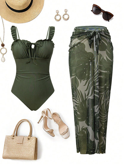 Swim Oasis Women Army Green Summer Tropical Beach Holiday Vacation Holiday Outfit,Ruched Bodice Halter Neck Tie Floral Trim+Botanical Print Mesh Skirt 2pcs Set