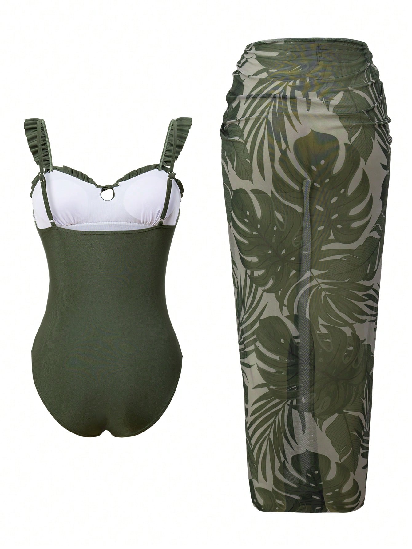 Swim Oasis Women Army Green Summer Tropical Beach Holiday Vacation Holiday Outfit,Ruched Bodice Halter Neck Tie Floral Trim+Botanical Print Mesh Skirt 2pcs Set