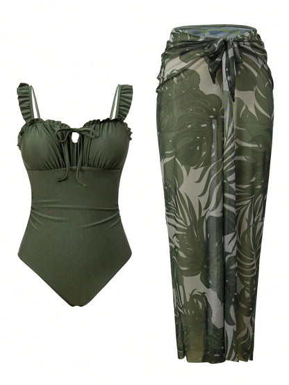Swim Oasis Women Army Green Summer Tropical Beach Holiday Vacation Holiday Outfit,Ruched Bodice Halter Neck Tie Floral Trim+Botanical Print Mesh Skirt 2pcs Set