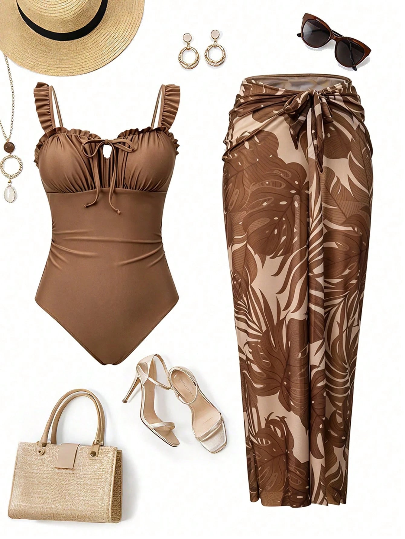 Swim Oasis Women Army Green Summer Tropical Beach Holiday Vacation Holiday Outfit,Ruched Bodice Halter Neck Tie Floral Trim+Botanical Print Mesh Skirt 2pcs Set