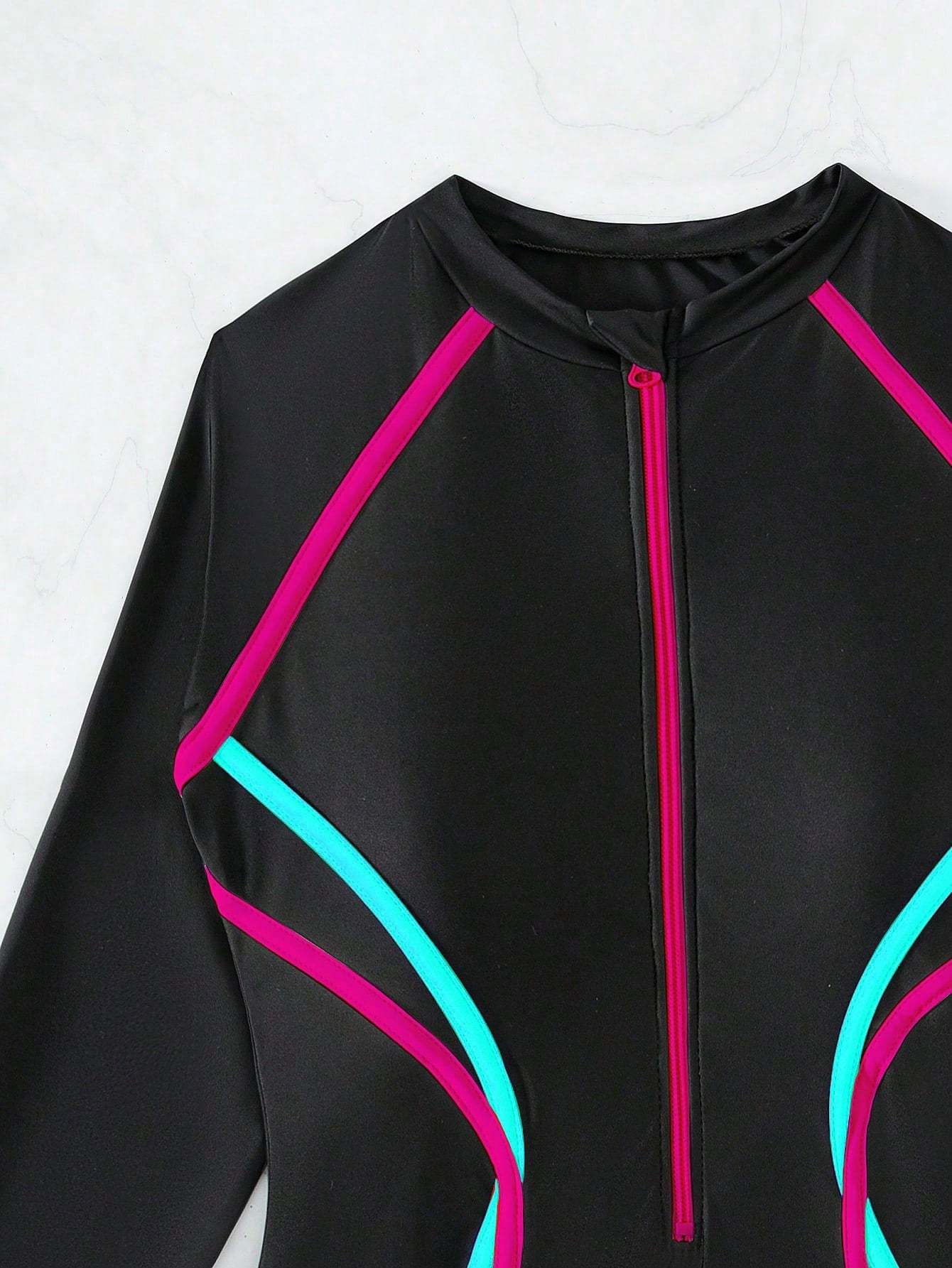 Swim SPRTY Women's Multi-Color Patchwork Long Sleeve Zip Up Sporty Swimsuit Summer