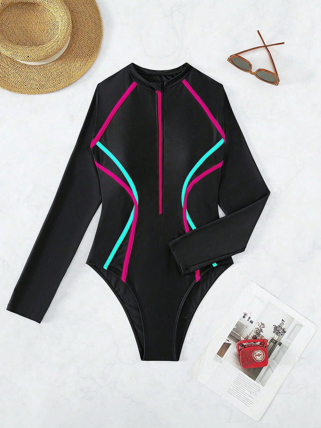 Swim SPRTY Women's Multi-Color Patchwork Long Sleeve Zip Up Sporty Swimsuit Summer