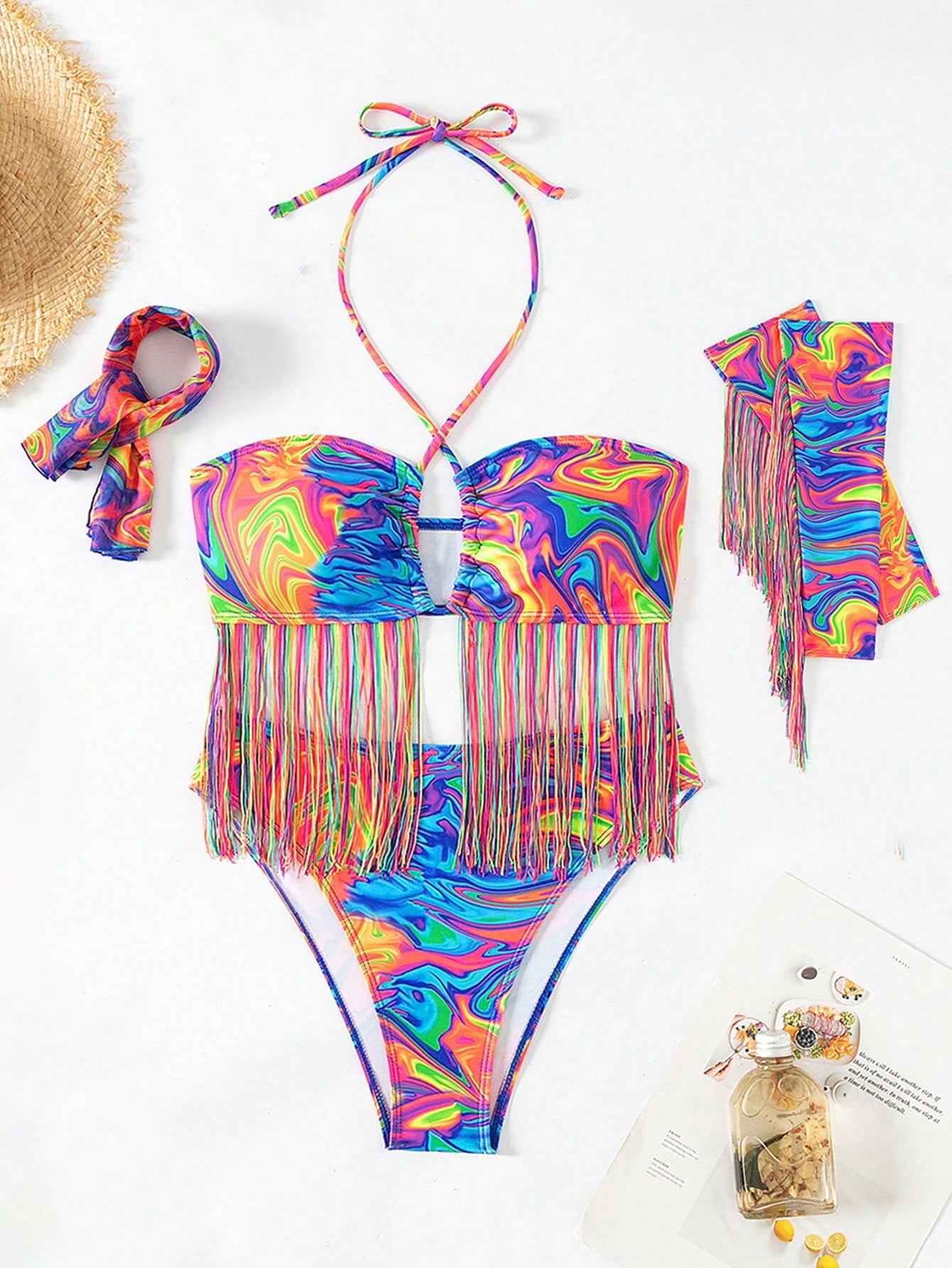Swim Summer Beach All Over Print Criss Cross Halter Neck Bikini Set Sexy Swimsuitswimsuit Set